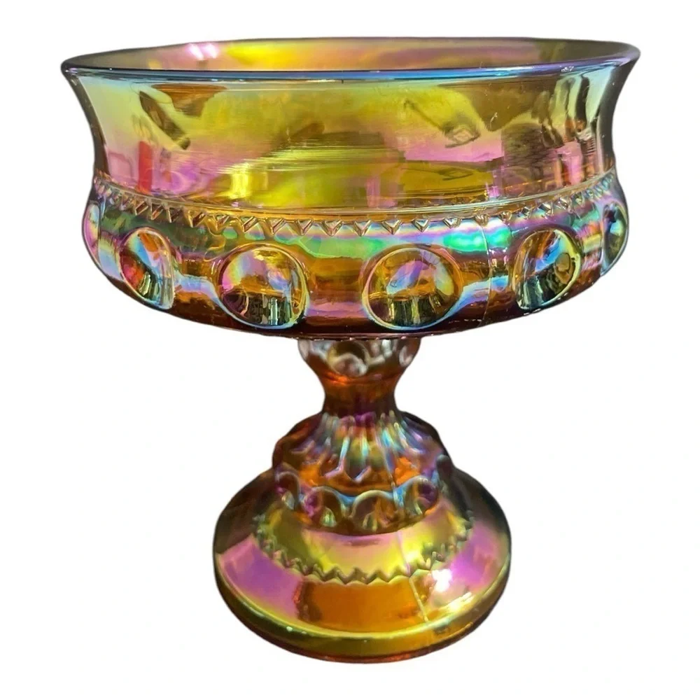 Indiana Glass Kings Crown Carnival Glass Iridescent Pedestal Candy Compote 5.25